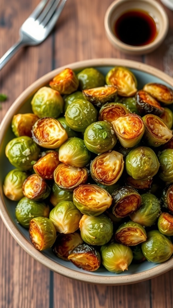 Crispy Air Fryer Brussels Sprouts Recipe Crispy air fryer Brussels sprouts garnished with Parmesan cheese in a rustic bowl on a wooden table.
